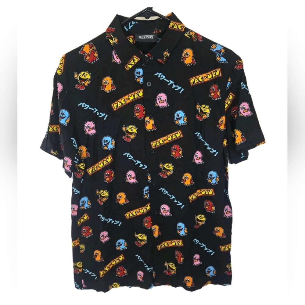 Pac-Man Size Small Multicolor Short Sleeve Button Up Retro Gaming Print All Over